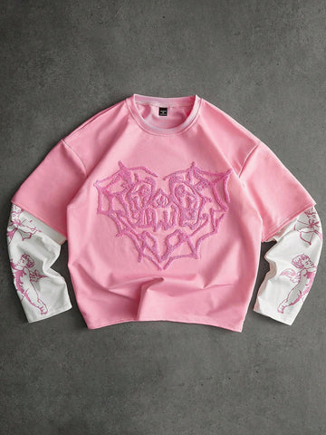 PAVTROS Manfinity Streetrush Men's Light Pink Autumn Graphic Y2k City Break Angel Cupid Print Embroidered Heart 2 In 1 T-Shirt,Streetwear 2000s Style Tee