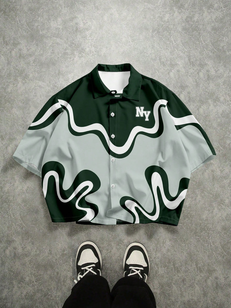 Manfinity EMRG Graphic Print Front Button Casual Short Sleeve Cropped Shirt