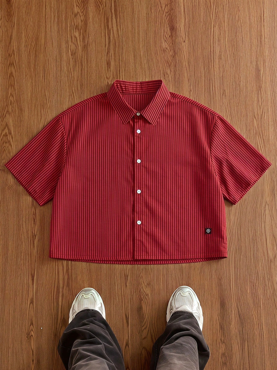SWAVVY Men's Single-Breasted Polyester-Spandex Woven Yarn-Dyed Red And Black Striped Short Sleeve Shirt